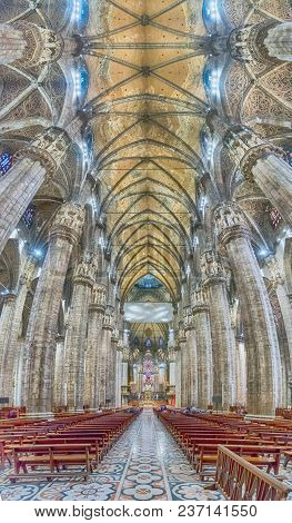 Panoramic View Inside The Gothic Cathedral Of Milan, Italy