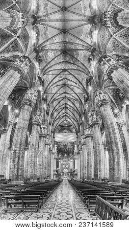 Milan - September 11: Panoramic View Inside The Gothic Cathedral Milan, Italy, On September 11, 2017