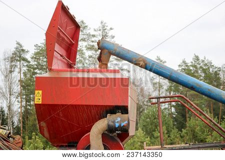 Sowing Unit, Combine Harvester, Seeder And Lorry, Dumper On The Field.