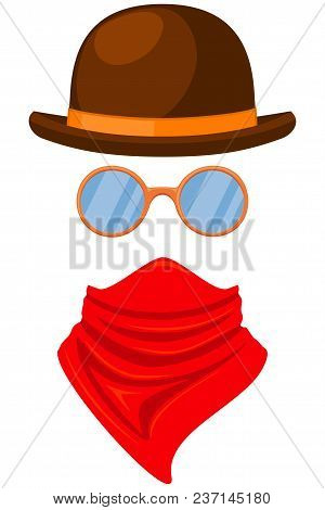 Colorful Cartoon Western Avatar. Stetson Hat, Bandana Scarf And Round Glasses. Wild West Vector Illu