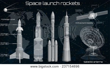Space Launch Rockets, Spacecraft Set, Space Dish, Space Satellite, 3d Spaceship In The Hud Style, El