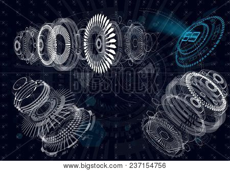 Mechanical Diagram, Vector Drawing With Circles And Geometric Parts Of The Mechanism. Engine, Future