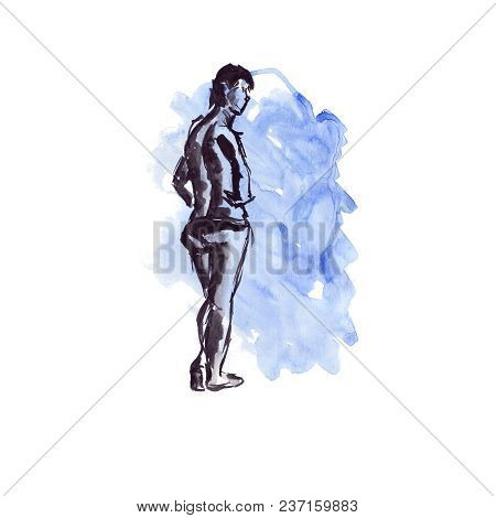 Quick Sketch On A Watercolor Background With Black Ink - Nude Female Figure