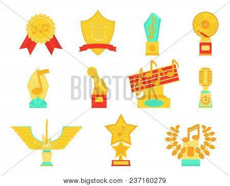 Music Vector Award Statuette Microphone And Notes Entertainment Winner Top Artist Achievement Musicn