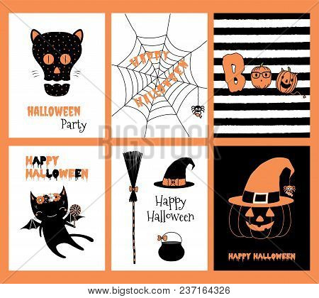 Set Of Hand Drawn Templates For Halloween Greeting Cards, Invitations, Posters, In Orange, Black And