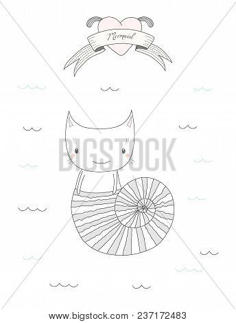 Hand Drawn Vector Illustration Of A Cute Little Under Water Cat In A Shell, Swimming In The Sea, Hea