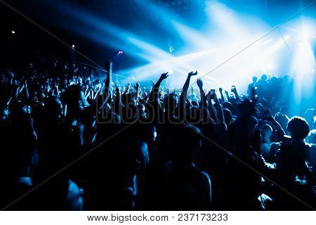 Raised Hands On The Party. Cheering Crowd On The Concert.