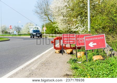 Pedestrians Footpath Closed Roadworks Signs Uk Motorway.