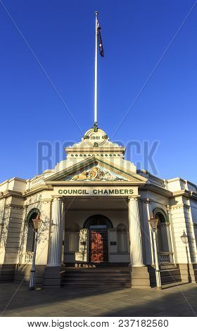 Wagga Wagga, Australia - March 20, 2018:  View Of The Historic 1881 Council Chambers Building In The