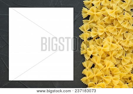 Farfalle Raw Farfallini Beautiful Decomposed Pasta With The Right, On Its Side On A Black Textured B