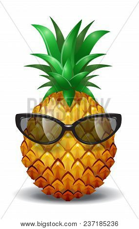 Realistic Vector Illustration Of Pineapple Wearing Sunglasses. Pineapple Juice, Tropical Fruit, Summ