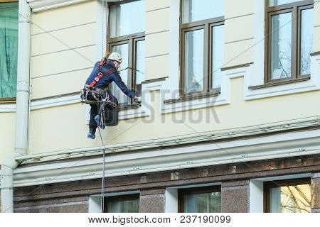 St. Petersburg, Russia - April, 15, 2018: Steeplejack works in St. Petersburg