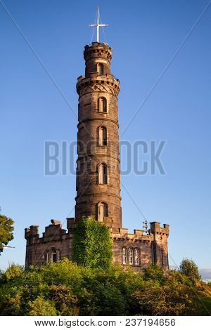 Vice Admiral Horatio Nelson Monument on top of Calton Hill in Edinburgh, Scotland, UK