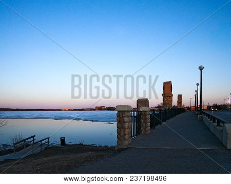 Mississippi River Bridge At Frozen Lake Bemidji At Sunset In Mid April In Bemidji Minnesota