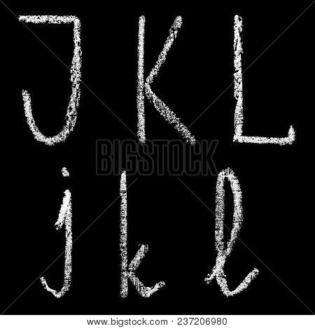J, K, L Handwritten White Chalk Letters Isolated On Black Background, Hand-drawn Chalk Font, Back To