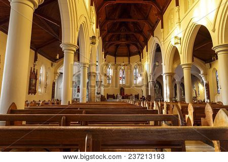Wagga Wagga, Australia - March 21, 2018:  View Of The Three Naves Interior Of St Michael Cathedral, 
