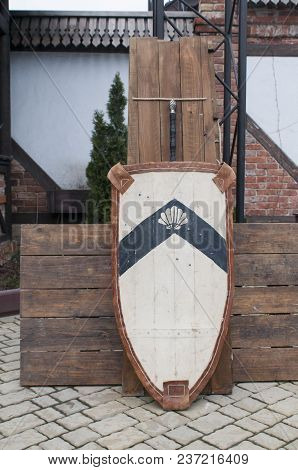 Outdoor Scene Of Medieval Way Of Life. Medieval Knight Attributes. Reconstruction Of Medieval Life