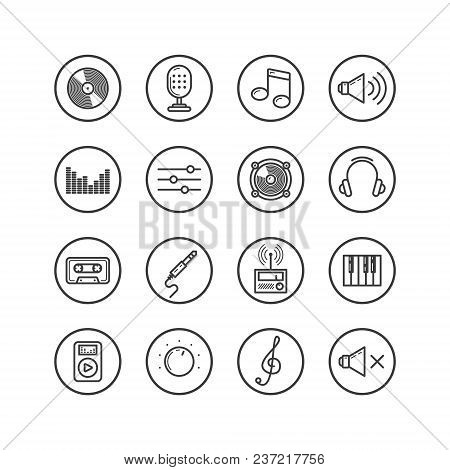 Set Of Black And White Icons On Music Theme In The Round Frame
