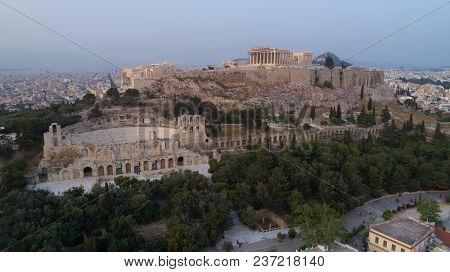 Aerial View Of Acropolis Of Athens Ancient Citadel After Sunset In Greece