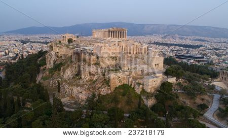 Aerial View Of Acropolis Of Athens Ancient Citadel After Sunset In Greece