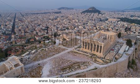 Aerial View Of Acropolis Of Athens Ancient Citadel After Sunset In Greece