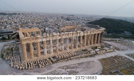 Aerial View Of Acropolis Of Athens Ancient Citadel After Sunset In Greece