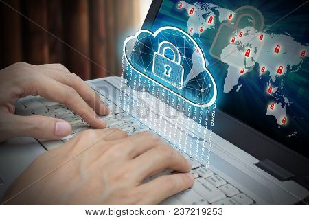 Businessman Use Laptop With Interface Of Padlock And Cloud Computing Technology, Cyber Security Data