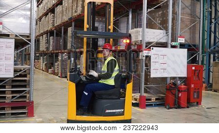 Moscow, Russia - May, 2017: Lift Truck In Factory. Clip. Wholesale Logistic, Loading, Shipment And P