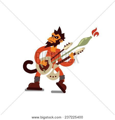 Illustration Of Funny Monkey Playing Electric Guitar Isolated On White Background..vector Illustrati