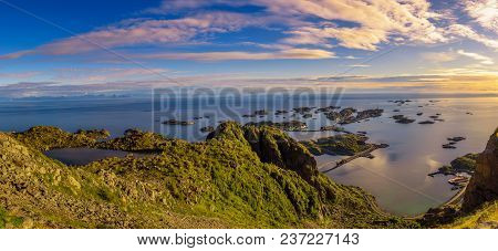 Panoramic View From The Hiking Path Leading To The Top Of Mount Festvagtinden Above The Village Of H