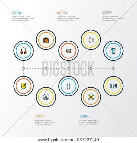 Audio Icons Colored Line Set With Music Level, Fanatic, Radio And Other Set Elements. Isolated Vecto