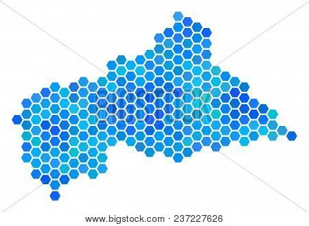Hexagon Blue Central African Republic Map. Vector Geographic Map In Cold Color Tinges On A White Bac