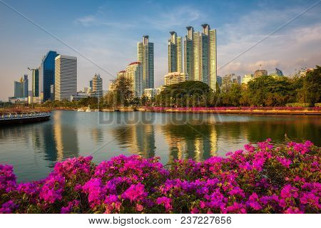Lake Ratchada Situated In The Benjakitti Park With Beautiful Flowers In The Foreground And Modern Hi