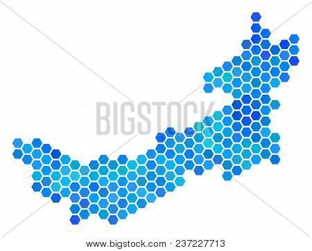 Hexagon Blue Chinese Inner Mongolia Map. Vector Geographic Map In Cold Color Tinges On A White Backg