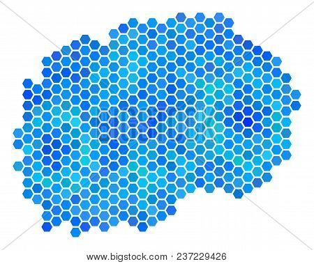 Blue Hexagon Makedonia Map. Vector Geographic Map In Blue Color Hues On A White Background. Blue Vec