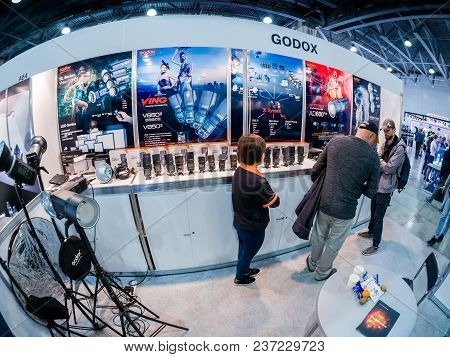 Moscow, Russia - April 13, 2018: Booth Of Godox Company At Photoforum 2018 Trade Show And Exhibition