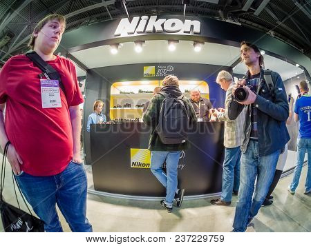 Moscow, Russia - April 13, 2018: Booth Of Nikon Company At Photoforum 2018 Trade Show And Exhibition