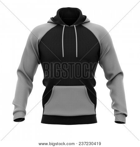 Men's hoodie. Sweatshirt with pocket. Front view. 3d rendering. Clipping paths included: whole object, hood, sleeve, rope tie, pocket. Isolated on white background.