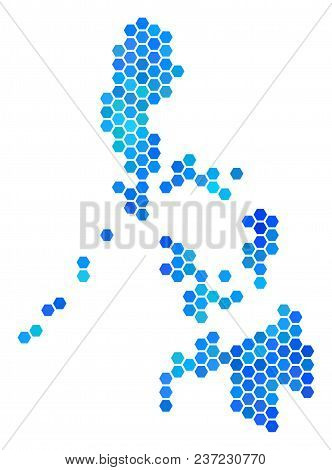 Hexagon Blue Philippines Map. Vector Geographic Map In Cold Color Hues On A White Background. Blue V