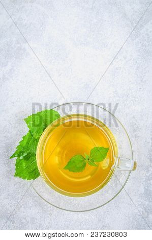 Leaves Of Fresh Green Nettle And A Clear Glass Cup Of Herbal Nettle Tea On A Gray Concrete Table. To