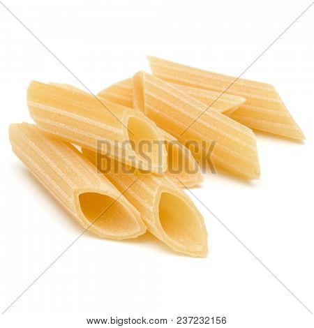 Italian pasta isolated on white background. Pennoni. Penne rigate.