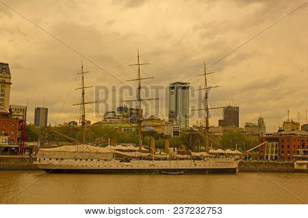 Buenos Aires, Argentina - October 1: Frigate President Sarmiento Docked At The Dock In Puerto Madero