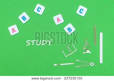 Concept School, Text Study, School Supplies Wooden Minitures, Abc Letters On Green Backboard