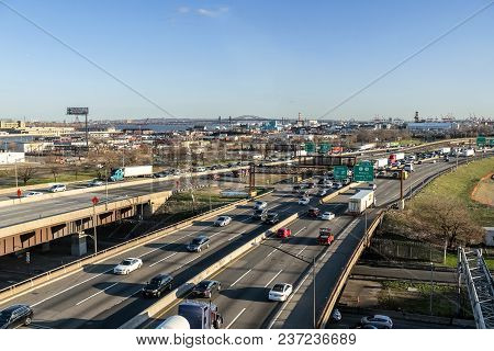 Newark, New Jersey - April 20 - A Wide Angle View Of The New Jersey Turnpike On April 20 2018 In New