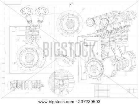 Machine Building Drawing. Engine Car On A White Background. 3d Model
