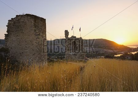 Fortress Kalamita, Inkerman, Crimea, Russia. Sunset Time Over Black Sea, Backlight Landscape