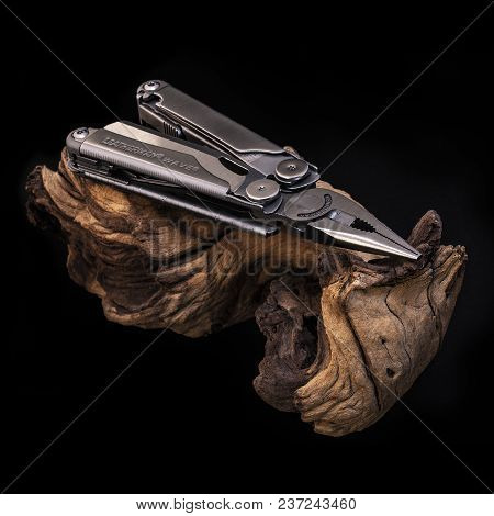 Swindon, Uk - April 22, 2018: Leatherman Wave Multitool On A Black Background