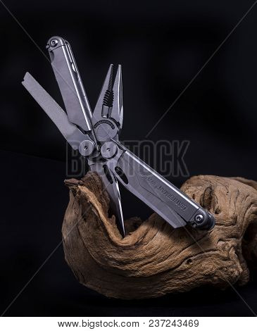 Swindon, Uk - April 22, 2018: Leatherman Wave Multitool On A Black Background