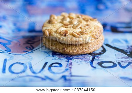 Cookies With Peanuts On A Blue Plate. Cookies Close-up