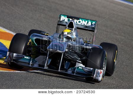 발렌시아, 스페인-2 월 1 일: F1 겨울 테스트-로즈버그, 메르세데스 GP-체스 테, 2011 년 2 월 1 일에